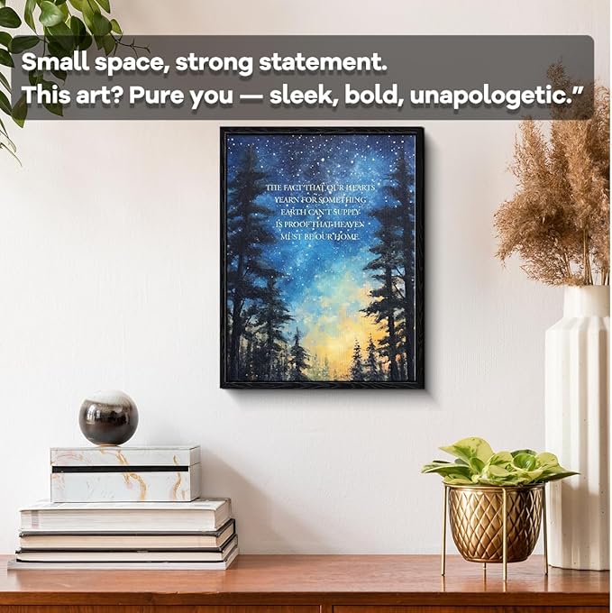 Christian quote wall art, heaven our home message, starry night forest wall decor, matte finish framed canvas print, christian poster artwork, for living room prayer room gift, 12x15 inch