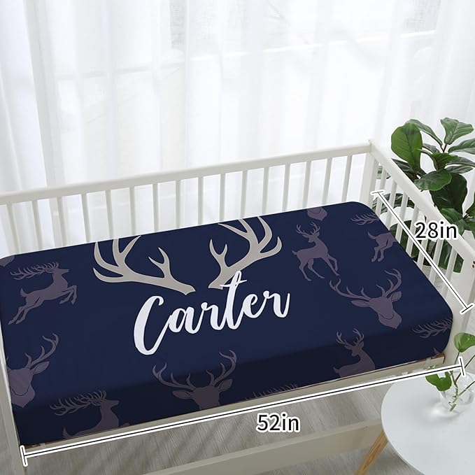 Custom Baby Crib Bedding Set,Personalized Name Navy Deer Theme Nursery Bed Set 4 Piece,Baby Blanket Fitted Sheet Nursery Rug Wall Art Set,Custom Room Decor Idea Gift for Newborns Boys Girls