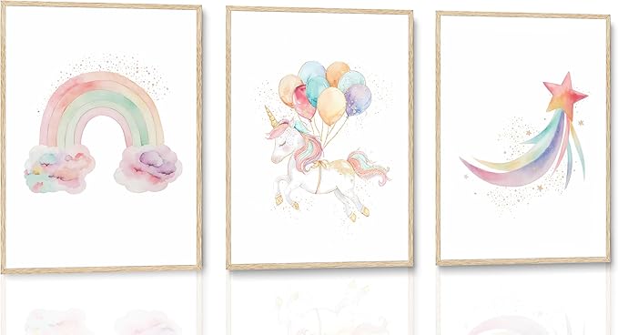 Burshley 3pcs Unicorn Wall Art Canvas Prints Watercolor Rainbow Unicorn with Colorful Balloons Star Posters Paintings Pink Wall Decor for Kids Room Nursery Decoration Unframed