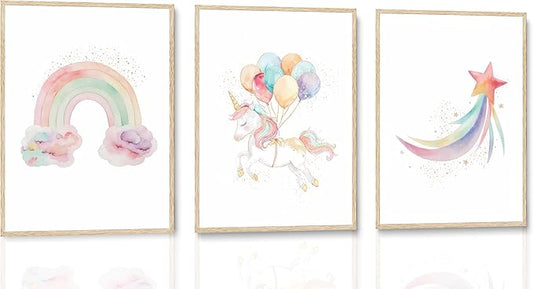 Burshley 3pcs Unicorn Wall Art Canvas Prints Watercolor Rainbow Unicorn with Colorful Balloons Star Posters Paintings Pink Wall Decor for Kids Room Nursery Decoration Unframed