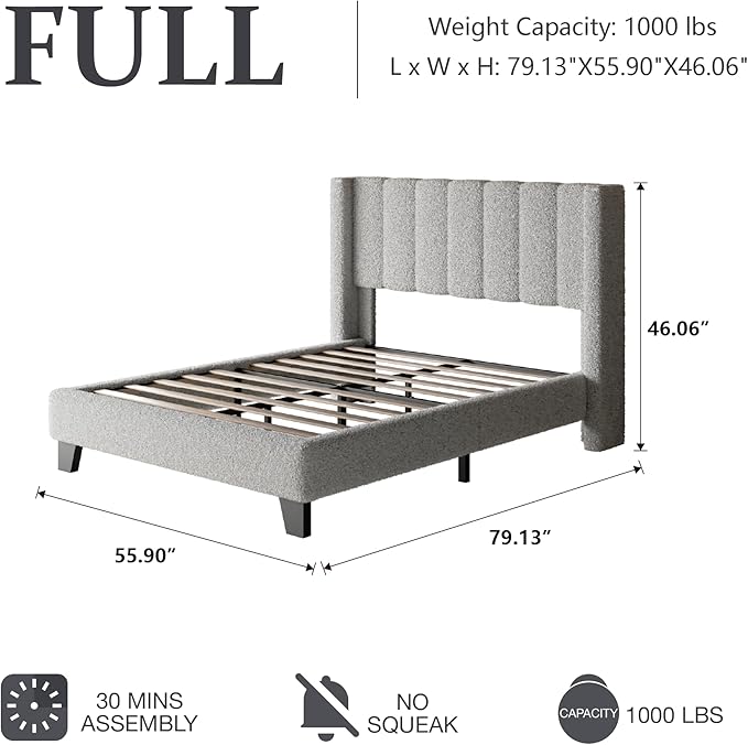 Full Bed Frame with Headboard Upholstered Platform Bed Frame with Teddy Velvet Headboard, Wooden Slats Support/Wing Edge Design/No Box Spring Needed/Easy Assembly, Grey Full