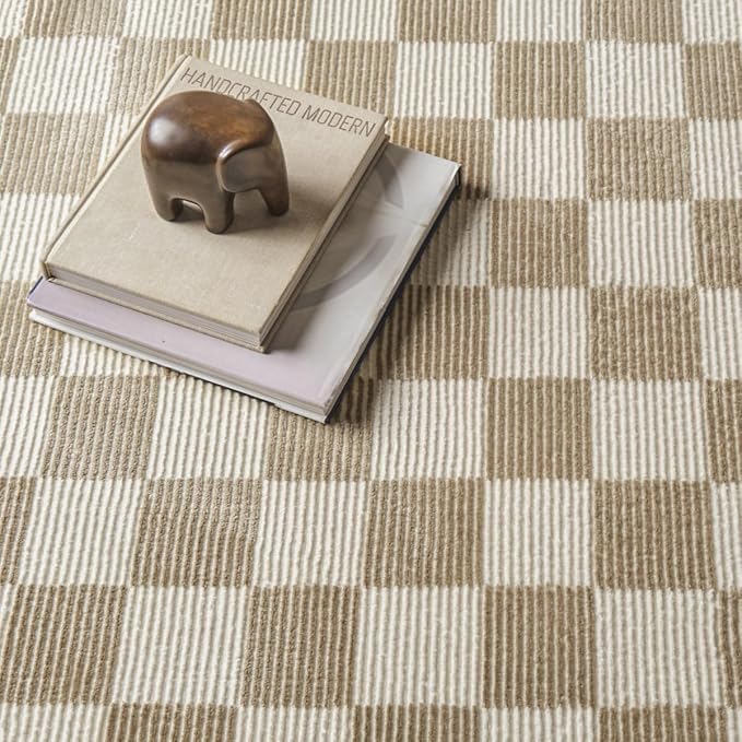 Revival Rugs Gambit 3'11" x 6'1" Checkered Rug Machine Washable Area Rug for Kitchen Bedroom - 100% Recycled Oeko-TEX Certified, Medium Pile, Camel, Beige