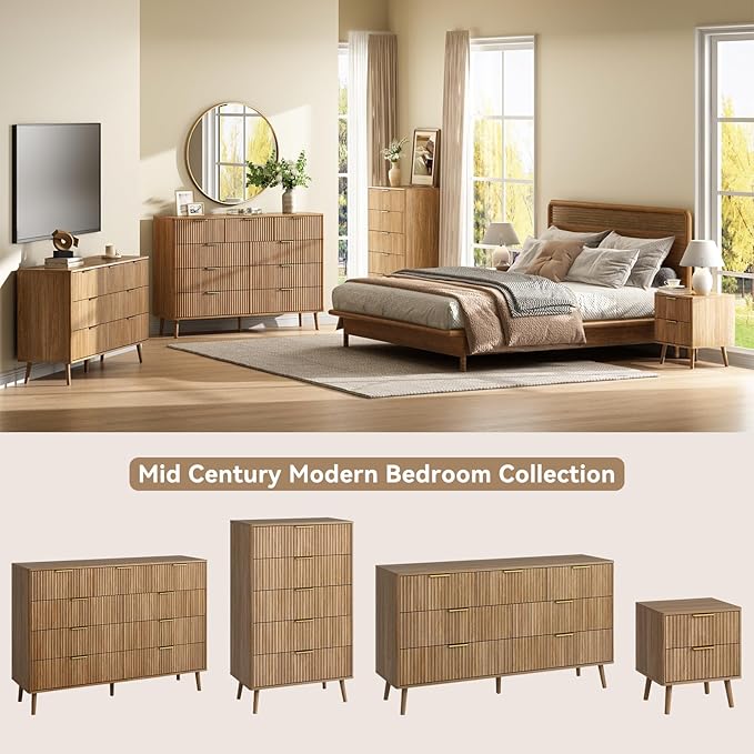 CARPETNAL Fluted 7 Drawer Dresser for Bedroom, 55" Wide Wooden Chest of Drawers with Rounded Corners, Gold Handles, Modern Storage Organizer for Bedroom, Hallway(Walnut)