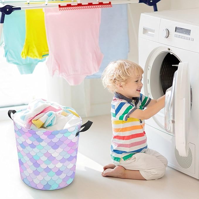 Rainbow Mermaid Laundry Basket Mermaid Party Decorations Girls Hamper Clothes Toy Storage Bin for Kids Girls Bedroom Bathroom Decor