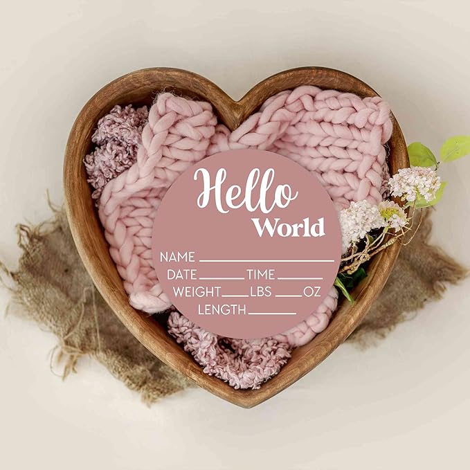 Hello World Newborn Sign - Baby Name Birth Announcement Plaque for Hospital - Photo Prop - Desert Rose Pink Nursery Decor - Shower Gift
