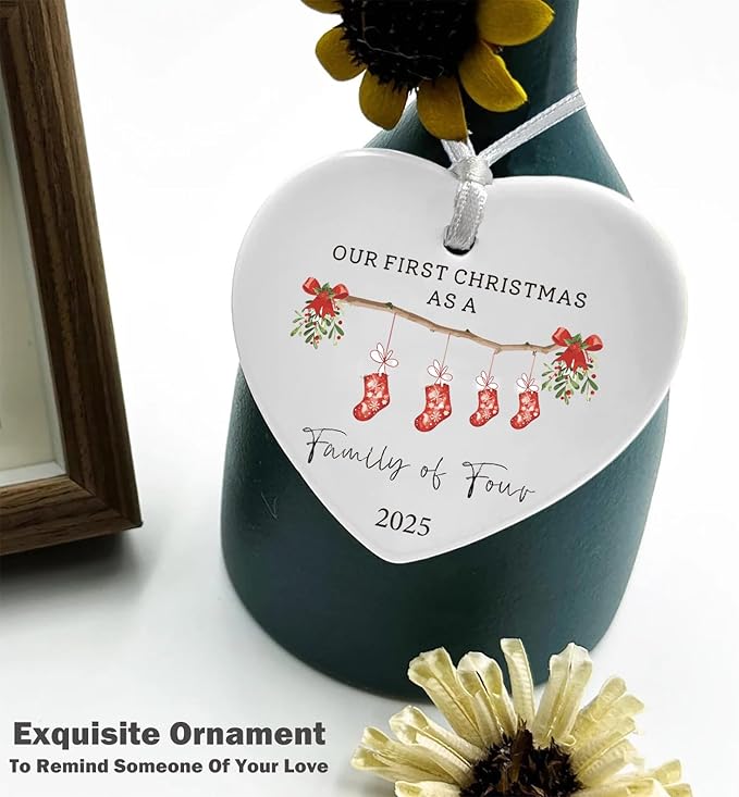 2025 Our First Christmas as a Family of Four-Parents Mom Dad Gift for New Baby Newborn-The Second Kid-Xmas Stocking Theme-Ceramic Hanging Heart Shaped Ornament-Double Sided Printed