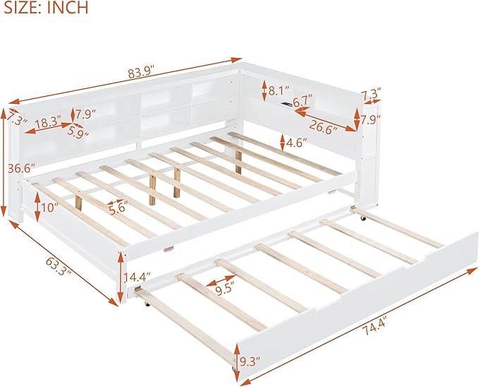 Harper & Bright Designs Full Size Daybed with Trundle and Charging Station, Wooden Full Storage Bed Frame with L-Shaped Bookcases, Full Platform Bed with Shelves for Kids Girls Boys, White