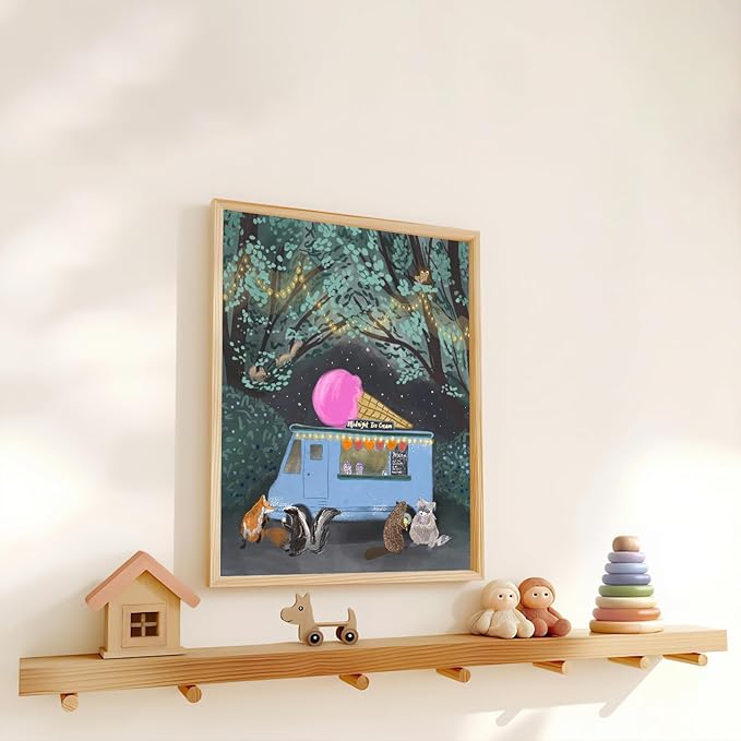 Nursery Poster Cute Animal Picture Vintage Animal Wall Art Nursery Decor Midnight Ice Cream Magical Forest Animals 12x16Inch Unframed Poster for Kids Room Boy and Girls Room Baby Room BedRoom BathRoom