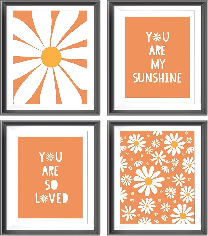 AEHIE Boho Orange Daisy Flower Wall Art Print, You Are My Sunshine Poster for Baby Girls Room Nursery, Bohemian Spring Aesthetic Floral Decor for Home, 4pcs