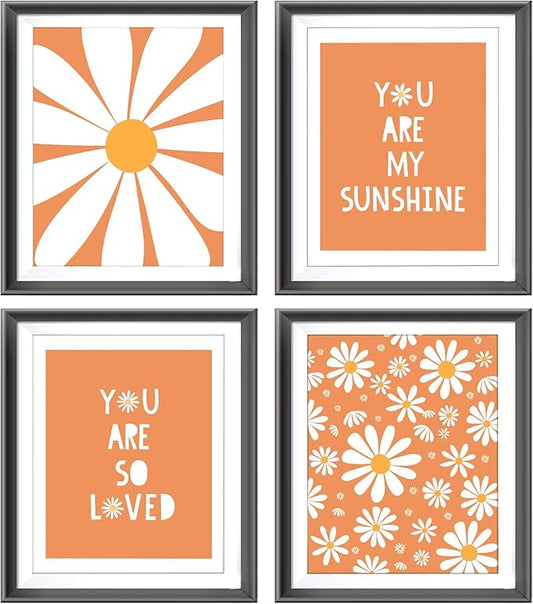 AEHIE Boho Orange Daisy Flower Wall Art Print, You Are My Sunshine Poster for Baby Girls Room Nursery, Bohemian Spring Aesthetic Floral Decor for Home, 4pcs