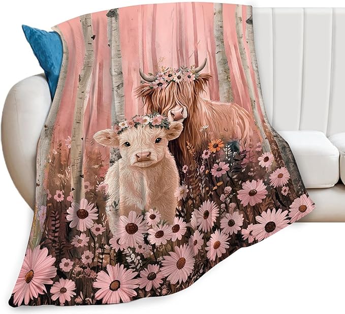 Highland Cow Blanket Pink Forest Cattle Daisy Decor Throw Blanket Super Soft Flannel Lightweight Fluffy Plush Fuzzy Fleece Blanket Gifts for Girl Woman Boys Kids Adults Man for Bed Sofa 40"X50"