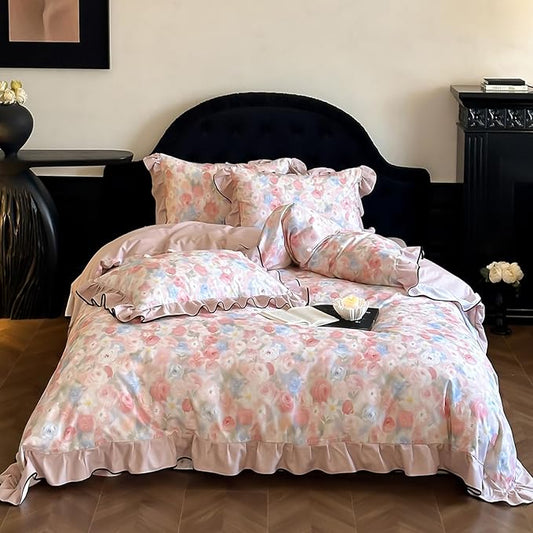 HighBuy Ruffle Duvet Cover Set Twin Pink 100% Brushed Cotton Bedding 3pcs Set,Chic Cottagecore Soft Breathable Vintage Boho Bedding Set,1 Duvet Cover and 2 Pillowcases