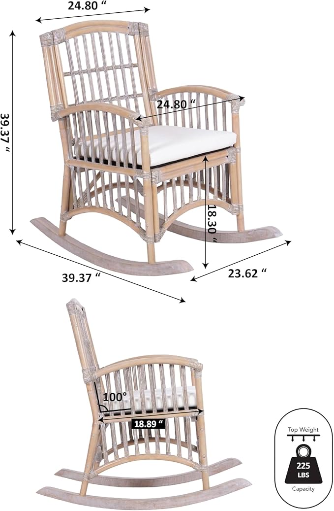 JONATHAN Y RCK200B Swayze Bohemian Farmhouse Woven Rattan/Wood Rocking Chair White Cushion with Gray/White Wash Frame for Home, Living Room, Bedroom, Guestroom, Foyer, Library