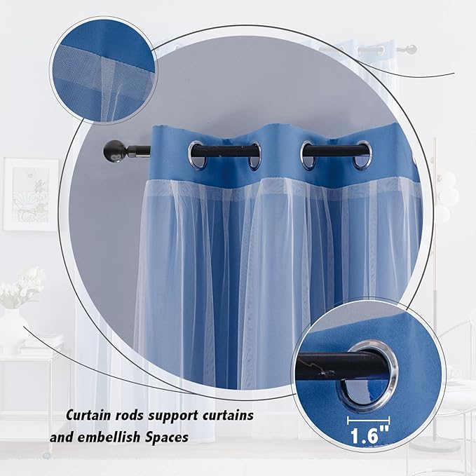 Anytime Home Curtains Blackout and Sheer Layered Solid Window Curtain Panel Pair with Grommet Top, 52Wx63L, Blue
