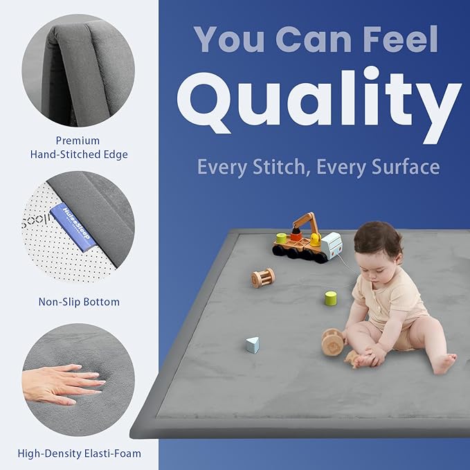 Baby Play Mat for Floor,1.3" Thick Elasti Foam Tummy Time Mat,79"×158“ Extra Large Soft Velvet Nursery Rug,Non Slip Safe for Crawling,Toddlers,Infants,kids,Tatami Style for Living Room,Classroom,Playroom(Dark Grey)