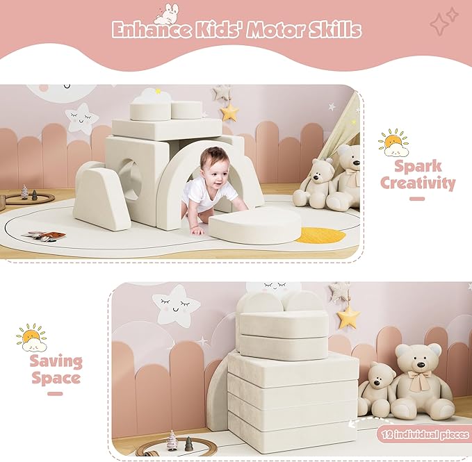 12 PCS Modular Kids Play Block Couch Child Sectional Soft Sofa Toddler Building Fortplay Climbing Bedroom Playroom Baby Convertible Floor Foam Cushion for Boys & Girls (Cream+Double Seat-1)