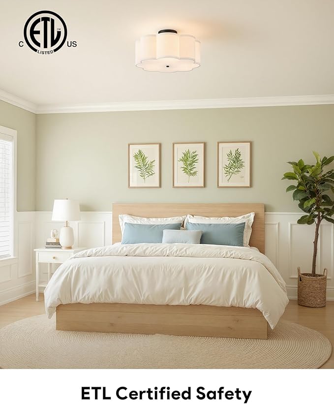 VONLUCE Semi-Flush Mount Ceiling Light, 15.7" Modern 3-Light Ceiling Light Fixture with White Petal-Shaped Shade 3 E26 Sockets for Bedroom Entryway Living Room, Black Finish, ETL Certificated
