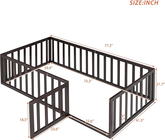 Merax Twin Floor Bed with Safety Guardrails and Door, Wood Montessori Floor Bed Frame for Kids, Twin Playhouse Bed Frame for Baby Girls and Boys, Walnut