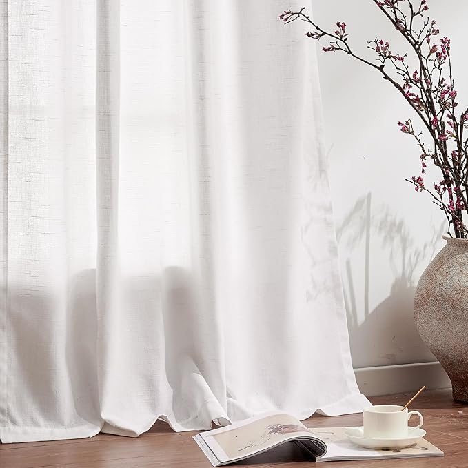 jinchan Linen Curtains 50W x 108L Inch Off White for Living Room Farmhouse Curtains Clip Rings Back Tab Rod Pocket Drapes 4-Panel Set