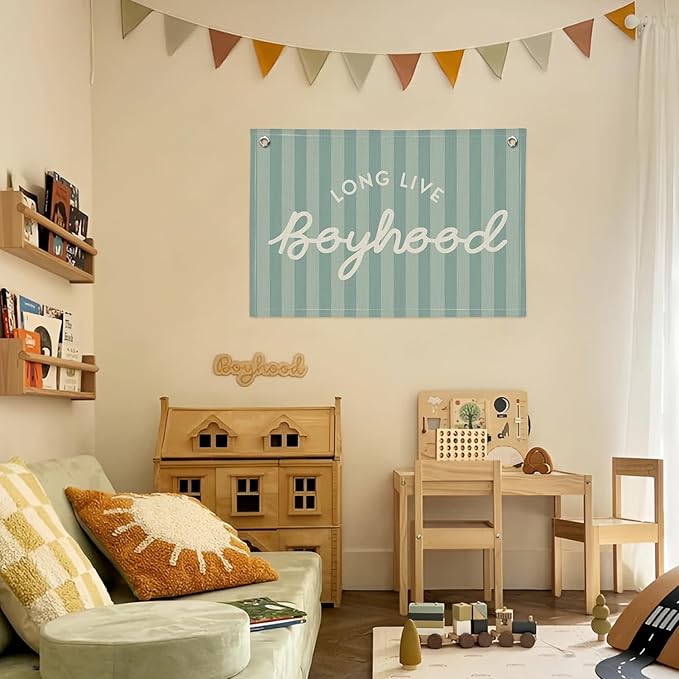 Long Live Boyhood Banner, Boy Nursery Decor, Canvas Banner Wall Hanging Flag Decor for Nursery Playroom Toddler Room, Boys Kids Room - Blue