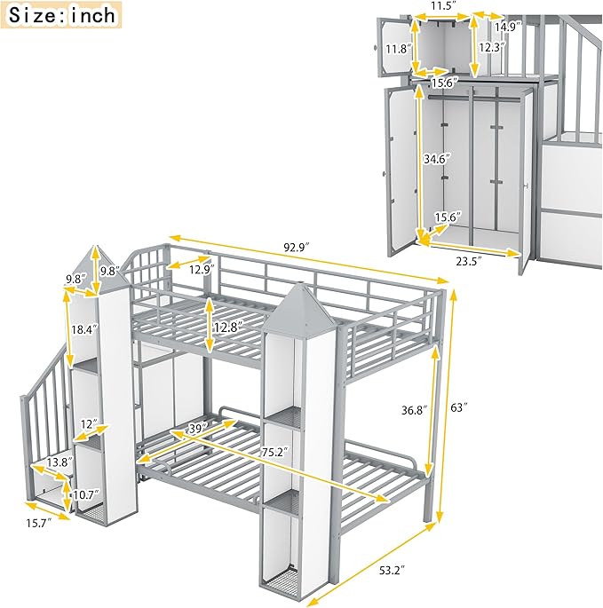 Twin Over Twin Castle-Shaped Bunk Bed with Wardrobe and Multiple Storage, Metal Bunk Bed with Storage Staircase and Safety Guardrail for Kids Teens Boys Girls Bedroom (White+Gray)