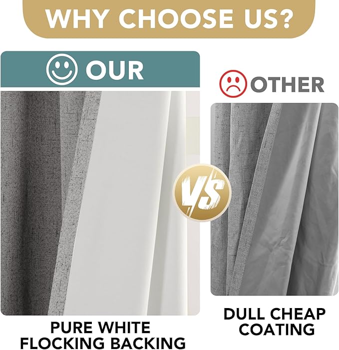 H.VERSAILTEX Primitive Linen Curtains 100% Blackout Curtain Drapes Burlap Curtains with White Thermal Insulated Liner, Grommet Top Drapes Living Room/Bedroom (2 Panels, 42 x 63 Inch, Dove Gray)
