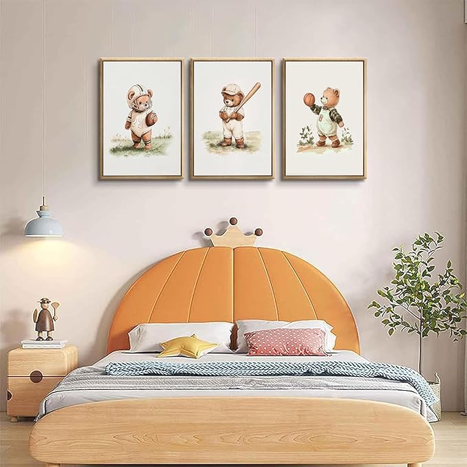 3Pcs Nursery Teddy Bear Canvas Wall Art Vintage Sports Bear Wall Decor Sports Boys'Room Artwork Prints Basketball Football Baseball Painting Pictures for Children's Room Boys' Room (16x24in poster)