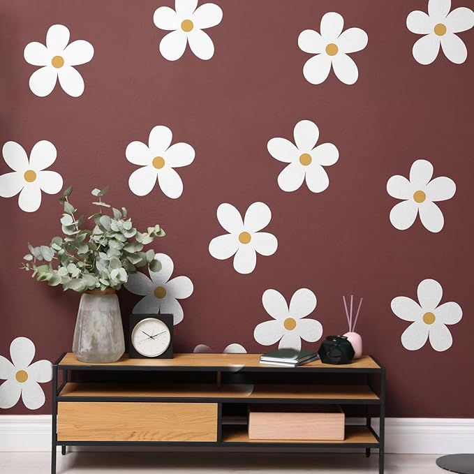 TaoBary 12 Sheets Daisy Wall Decal Flower Wall Sticker Cute Daisy Sticker Pink White Flower Decal Peel and Stick Floral Wallpaper for Nursery Bedroom Home Decor(White, Yellow,Charming Style)