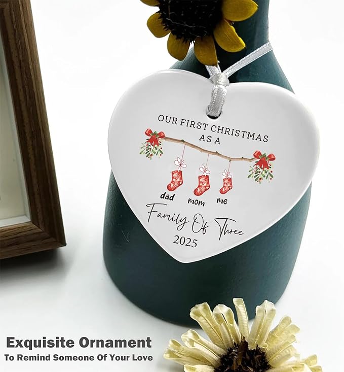 2025 Our First Christmas As A Family of Three-New Parents,New Baby,Newborn Gift-First Time Mom Dad-The First Kid-Xmas Stocking Theme-Hanging Heart Shaped Ornament-Double Sided Printed