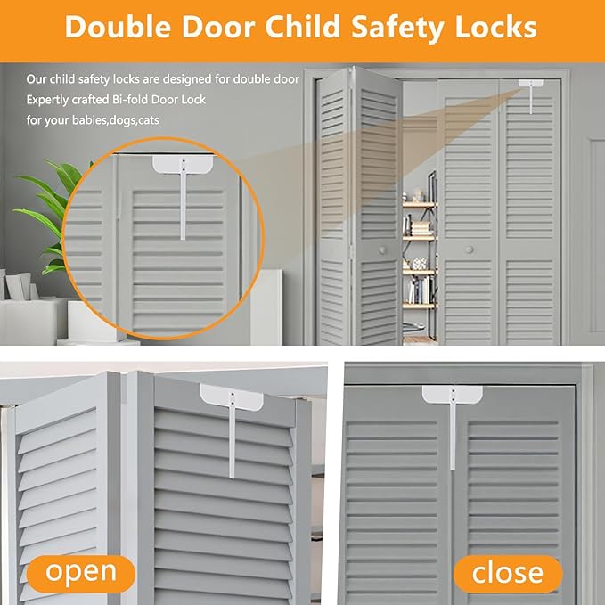 Adjustable Bifold Door Lock - Metal Child & Pet Proof Safety Locks for Cabinets, Closets, Pantry (0.6"-2" Door Thickness) No Drill Installation, White Finish w/Spare Screws (4 Pack)