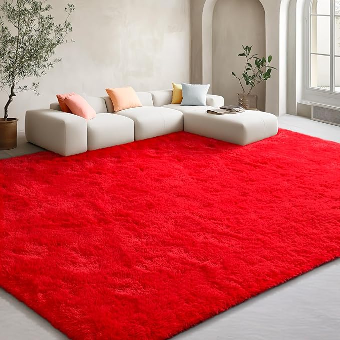 EVOIONOS 5x7 Washable Large Area Rug for Living Room, Fluffy Shag Rug for Bedroom, Ultra Soft Plush Non Slip Carpet for Indoor Floor Bedside Nursery Kids Girls Room Dorm, Home Decor Aesthetic, Red