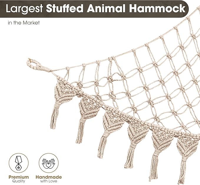 Extra Large Stuffed Animal Storage Hammock Corner with LED Lights – 25LB Capacity Hanging Toy Net for Small or Large Plushies, Boho Macrame Squishmallow, Plush Net, Pink