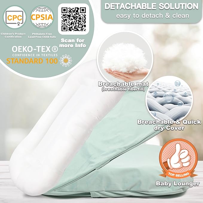Baby Lounger for Newborn - Snuggle Cozy Me Lounger | Breathable Soft Cotton, 0-24 Months Portable Playtime Baby Nest, Newborn Baby Essentials Gifts - Lake Green(1 Lounger + 1 Cover)