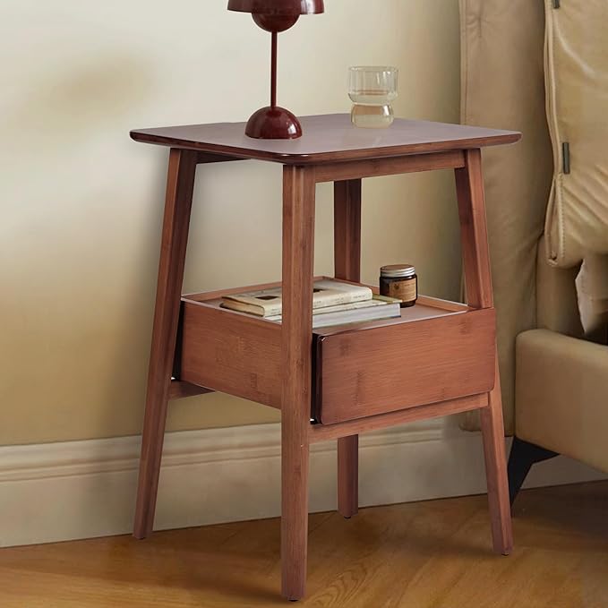 Fluted Nightstand with Drawer – Tall Solid Bamboo Bedside Table with Open Shelf, Modern End Table with Storage for Bedroom, Living Room, Office (Natural Wood)