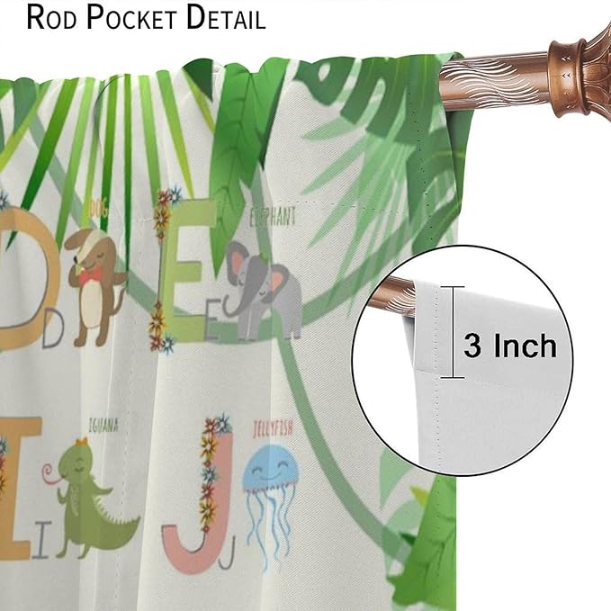 Kids Animal Alphabet Curtain Tropical Plant Alphabet Educational Printed Rod Pocket Blackout Window Drapes for Bedroom Living Room Nursery School 63" W X 63" L