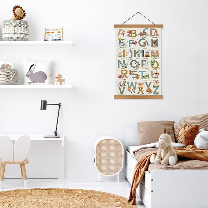 KAIRNE Alphabet Poster With Wood Magnetic Hanging Framed(35CMx56CM) Kids Growth Mindset Canvas Hang Signs,Emotions Learning Prints Classroom Decor Animal ABC Wall Art for Playroom Nursery Decor