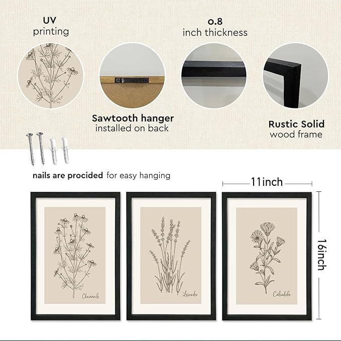YWJKWLGS Vintage Botanical Wall Art 11x16 Inch Set Of 3 Wooded Framed Minimalist Rustic Wildflower Pictures Floral Sign Bedroom Wall Hanging Decor (Black)