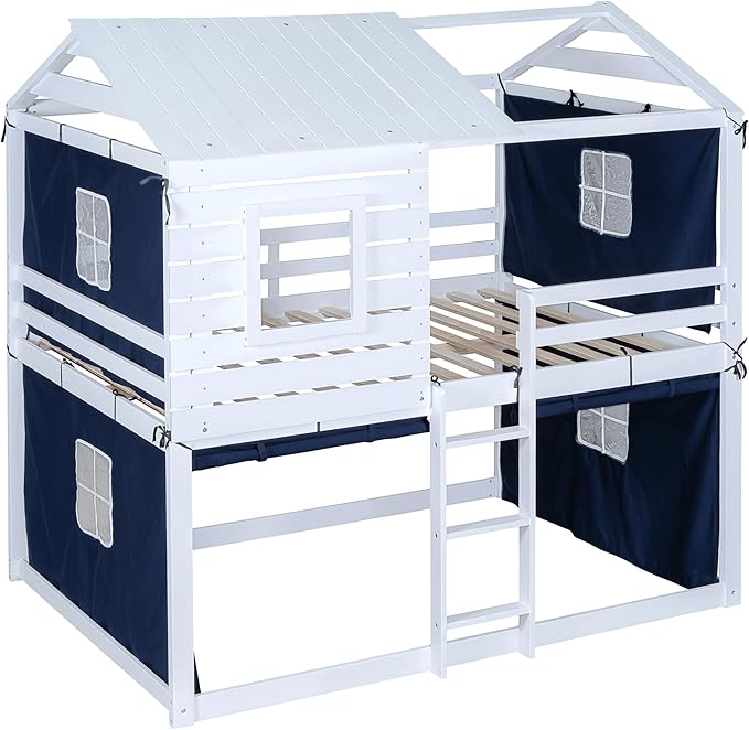 Full Size House Bed Tent Bed with Windows for Kids Teens Boys Girls, Solid Wood Bunk Bed Frame with Guardrails, Versatile Spacious Under Bed Space with Curtains (Blue-Tent Full)