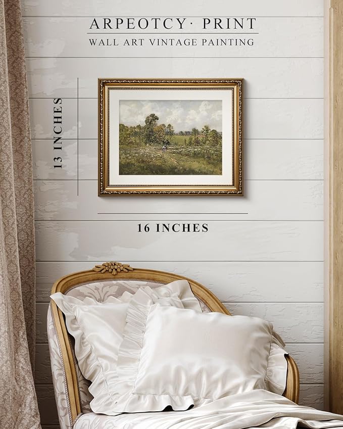ARPEOTCY Vintage Gold Framed Wall Art, Wildflower Field Blossom Meadow Paintings, Victorian Wall Decor for Living Room Bedroom Bathroom, Canvas Prints Antique Pictures Frame 13x16 inch