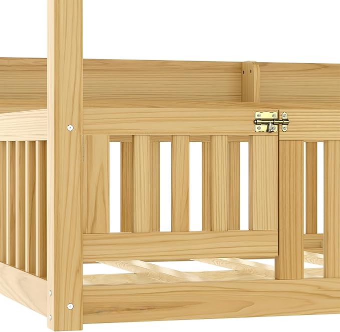 Polibi Twin Size Montessori Floor Bed with Guardrails, Low Profile Solid Wood Canopy Frame with Built-in Shelves, No Box Spring Needed, for Kids, Natural