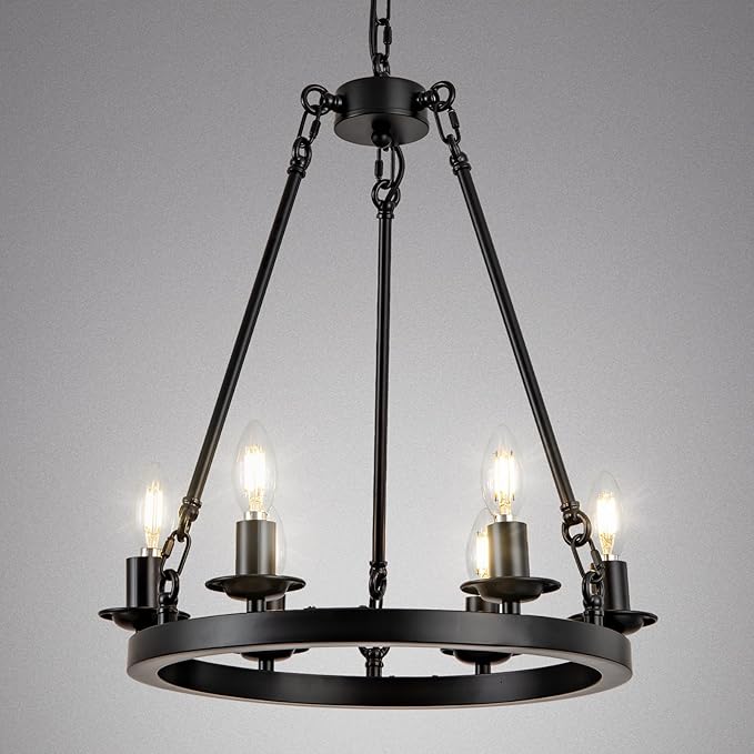 Wagon Wheel Chandelier, 6-Light Black Round Modern Farmhouse Chandelier with Adjustable Height Hanging Island Light Fixture for High Ceiling Dining Room, Kitchen, Living Room, Entryways, Foyer