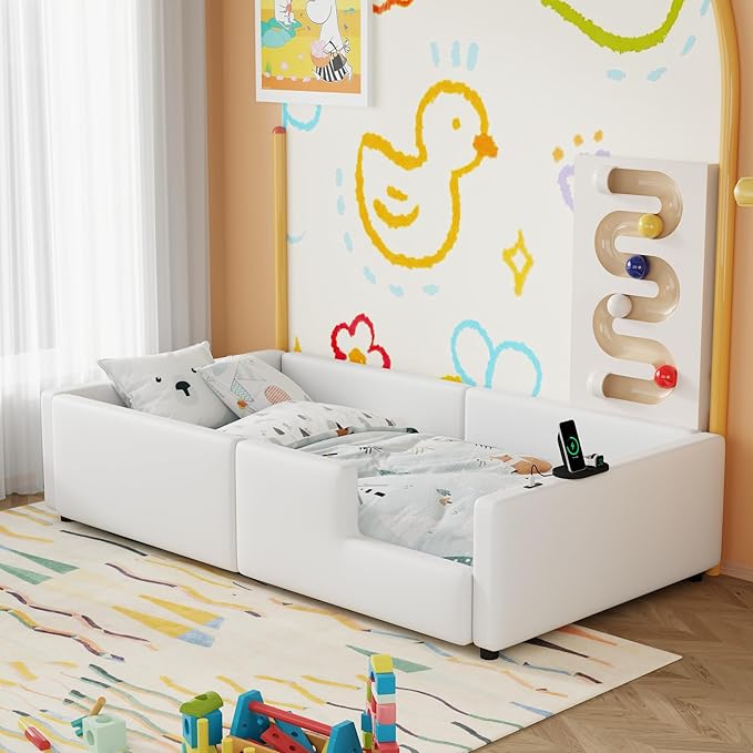 Twin Size Upholstered Platform Bed with Safety Guardrail, Montessori Kids Floor Bed, Child Grounded Bed with Charging Station and Sturdy Slats Support