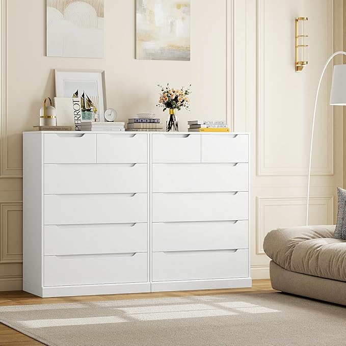 HOSTACK Modern 6 Drawer Dresser for Bedroom, Tall Chest of Drawers with Storage, Large Wood Storage Chest Organizer with Cut-Out Handle, Accent Storage Cabinet for Living Room, Entryway, Classic White