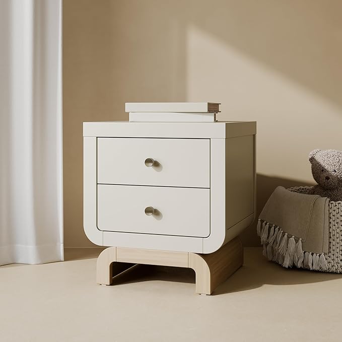 Storkcraft Santorini 2 Drawer Nightstand (Frosted Oat & Driftwood) - GREENGUARD Gold Certified Nightstand for Kids Bedroom, Premium Wood with Curved Base, “Champagne” Metal Knobs