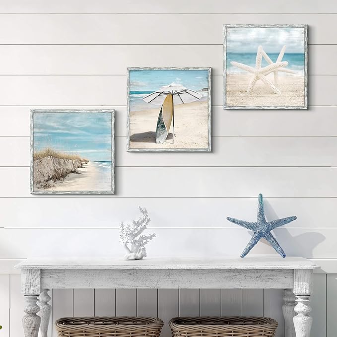 Beach Pictures Wooden Wall Art: Ocean Artwork Home Decor Set of 3 Seascape Pathway Surfboard Starfish Collection Prints for Bedroom Framed