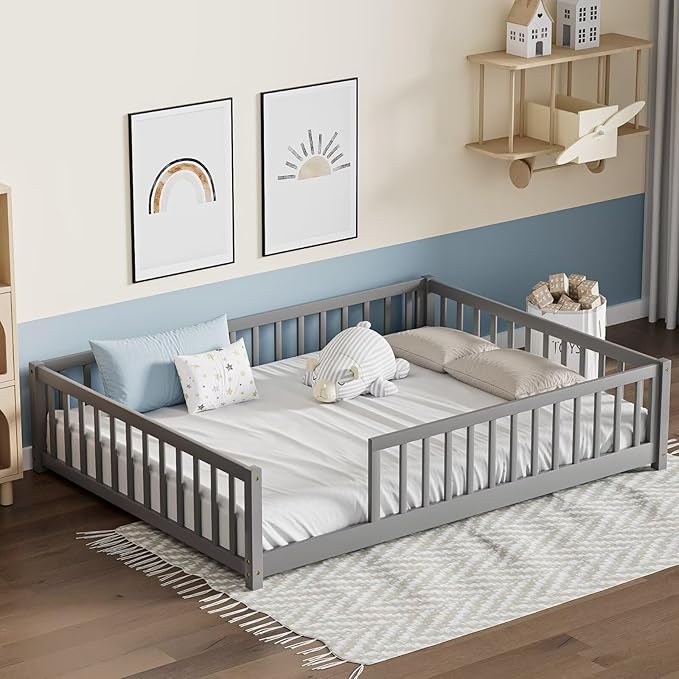 LLS Full Floor Bed for Kids Toddlers, Solid Wood Multifunctional Montessori Bed Frame with Safety Guardrails, Without Door, Easy Assemble, Grey