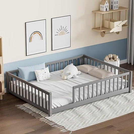 LLS Full Floor Bed for Kids Toddlers, Solid Wood Multifunctional Montessori Bed Frame with Safety Guardrails, Without Door, Easy Assemble, Grey