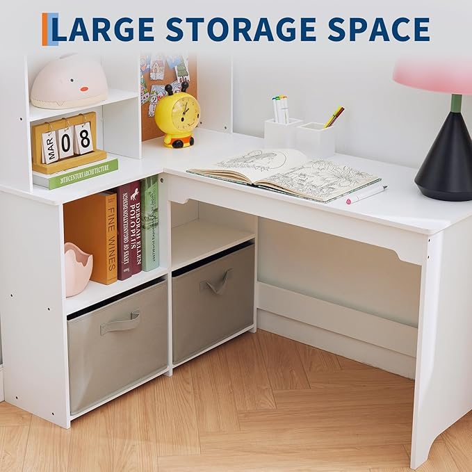 Garvee Kids Corner Desk, Desk and Chair Set for Children, L Shape Kids Study Table - Features Bulletin Board Open Shelves & Storage Cabinets and Cloth Drawers, White