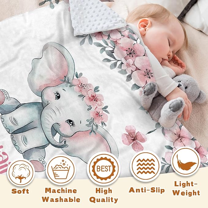 Personalized Baby Blankets for Girls Boys, Custom Elephant Baby Blanket with Name for Kids, Flannel Bed Throw Blanket for Newborn, Customized Baby Gifts for Baby Shower Nursery Blanket(30”x40)