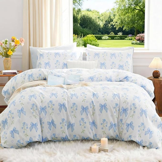 Blue Bow Duvet Cover Twin 2Pcs Girls Floral Duvet Cover Set, Cute Romantic Princess Style Bowknot Bedding Set Soft Microfiber Garden Flower Bedding with 1 Pillowcase(No Comforter)
